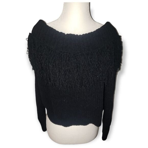 RUE 21 Black Off The Shoulder Fringe Trim Sweater Small - Picture 3 of 7